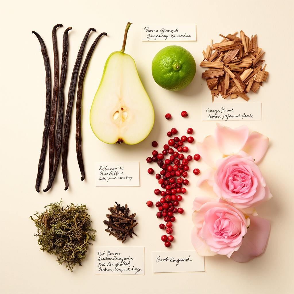 Vanilla, pear, pink pepper, rose petals — scent ingredients flatlay